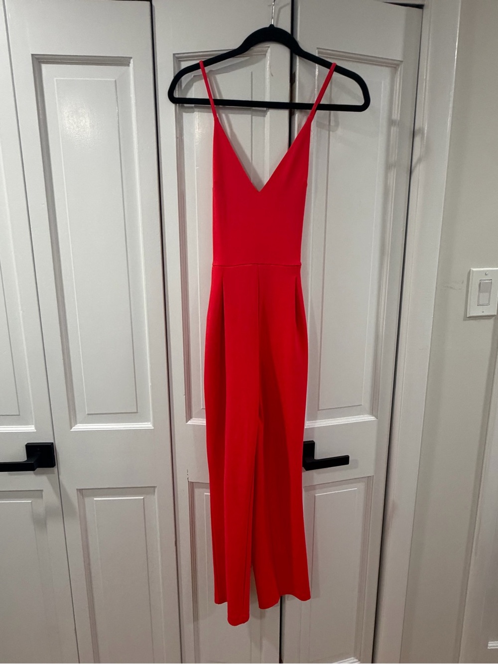 Express Red V-Neck Wide-Leg Jumpsuit with Slim Straps